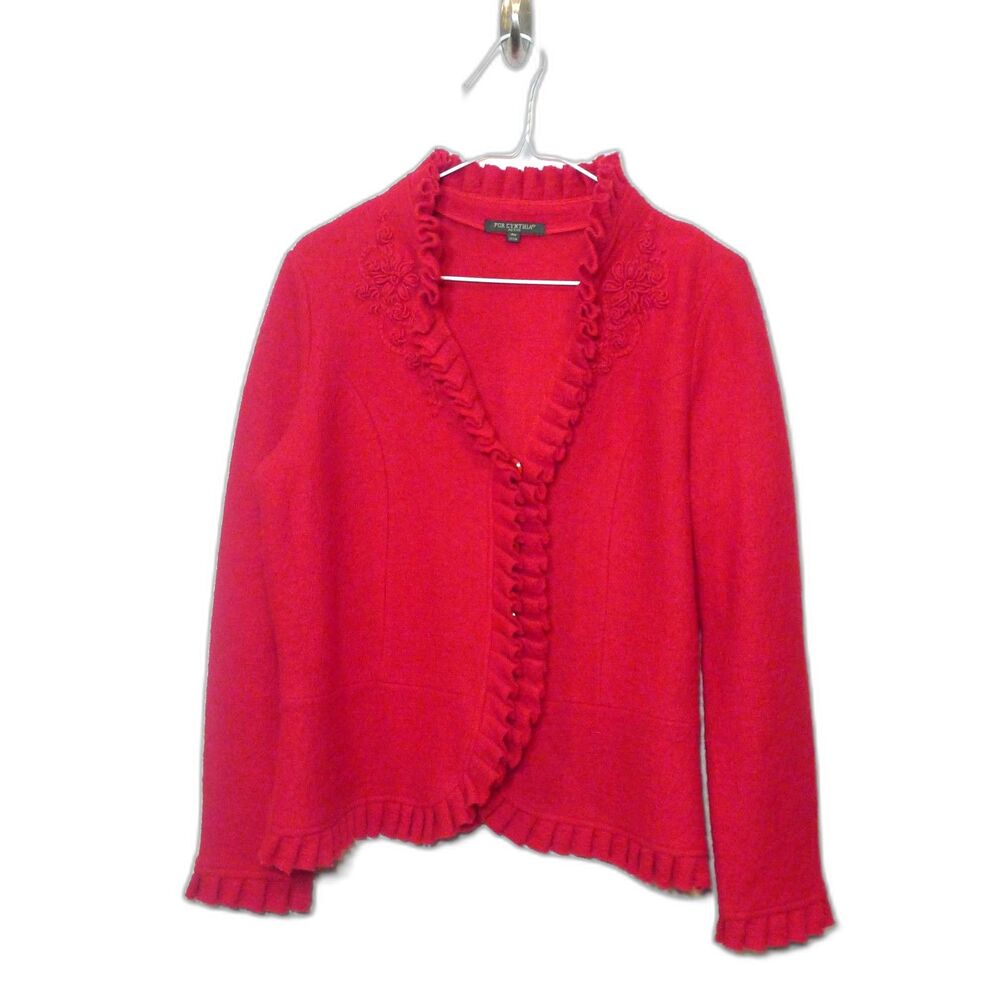 For Cynthia Boiled Wool Ruffle Embroidered Sweater Blazer - Red PM